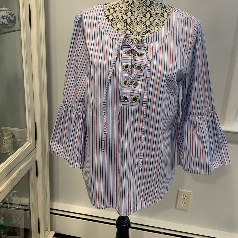 Tommy Hilfiger Blue and White Bell Sleeve Nautical Blouse